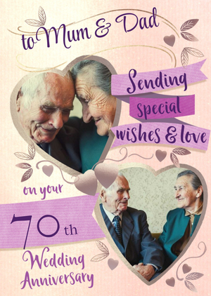 Two Heart Shaped Photo Frames With Banners And Foliage Mum And Dad's Photo Upload Anniversary Card