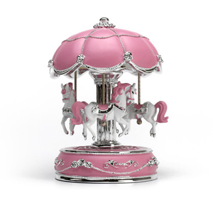 Adorable World's Fair Style Pink Canopy With Silver Accents Animated Musical Carousel