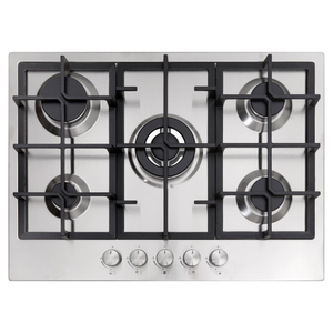 70cm Stainless Steel 5 Burner Gas Hob and Wok Burner with Cast Iron Supports