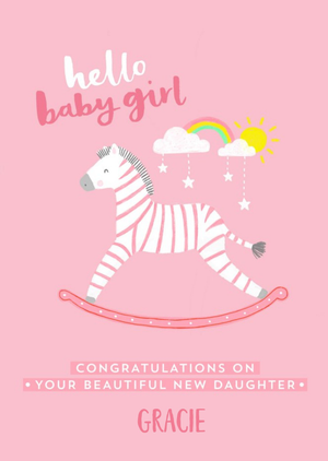 Bright Fun Illustration Of A Rocking Horse New Baby Girl Card