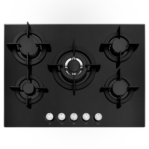 70cm Black 5 Burner Gas on Glass Hob with Cast Iron Supports