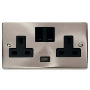 Click VPSC770BK Deco 13A 2 Gang Switched Socket with 2.1A USB Satin Chrome Black Insert