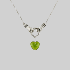 UNITE. Hand Grasping Green Glass Heart Necklace - Silver - Silver