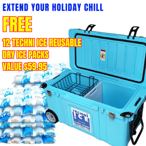 Techni Ice Signature Hardcore Premium Ice Box 55L Light Blue/ Tan with Wheels *FREE 12 REUSABLE DRY ICE PACKS VALUES $59.95 *PRE-ORDER NOW FOR MID DECEMBER DISPATCH