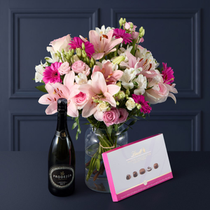Pink Rose and Lily Bouquet with Prosecco and Lindt