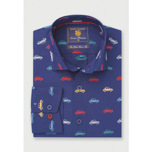 Regular Fit Multicoloured Cars Conversational Jacquard Cotton Shirt