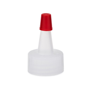28-400 Natural-Red LDPE Plastic Yorker Spout Caps with Pre-Cut Orifice - 6004