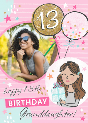 Illustration Of A Girl With A Present Granddaughter's Thirteenth Photo Upload Birthday Card