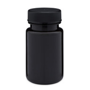 2 oz Dark Amber PET Plastic Wide Mouth Packer Bottles (Black Screw Top Cap) - 3369B01ABR