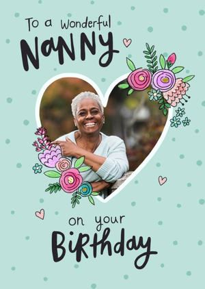 Heart Shaped Photo Frame Decorated With Flowers Nanny's Photo Upload Birthday Card