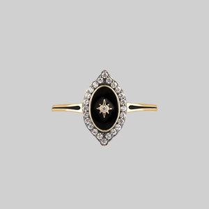 REVERENCE. Oval Black Enamel Crystal Gold Ring - Gold / Medium
