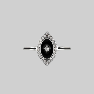 REVERENCE. Oval Black Enamel Crystal Silver Ring - Silver / XXLarge