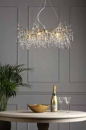 Laura Ashley Willow 5 Light Pendant Chandelier Satin Champagne with Crystal Raindrops