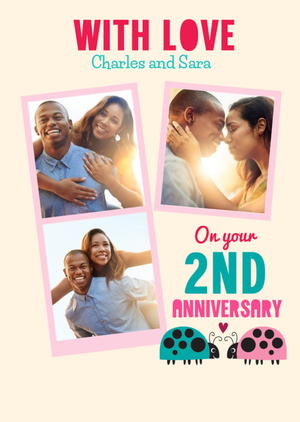 Three Photo Upload Editable Ladybird 2nd Anniversary Card