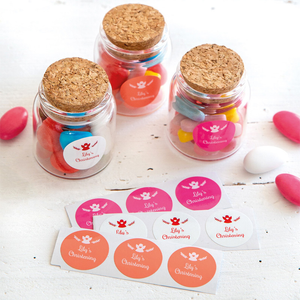 Round ultra thin stick-on labels, personalisable logo, colors and text (up to 24 characters per sticker), waterproof, dishwasher and microwave safe