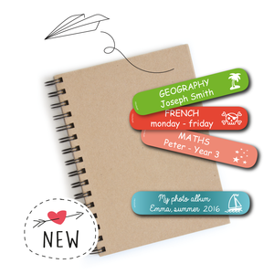 Individually personalised name labels. Stickers to label school books, exercise books, craft rooms boxes, organisers, drawers.