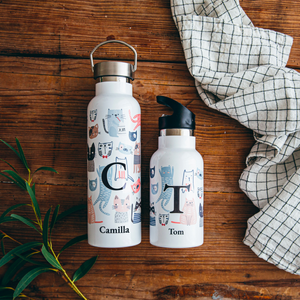 Personalised water bottle 350ml or 600ml, insulated. Large choice of designs. For school, the office, camp…