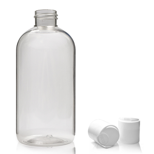 250ml Clear PET Boston Bottle With 24mm Disc Top Cap - White