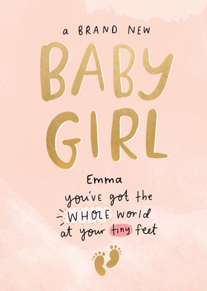 Handwritten Typography With Baby Footprints On A Pink Background New Baby Girl Card