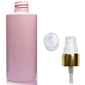 100ml Pink Plastic Bottle With Gold Lotion Pump - White &amp; Gold