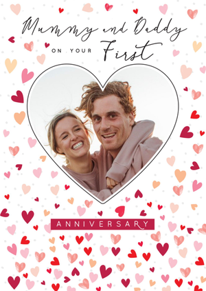 Loveheart Pattern Mummy And Daddy First Anniversary Photo Upload Card