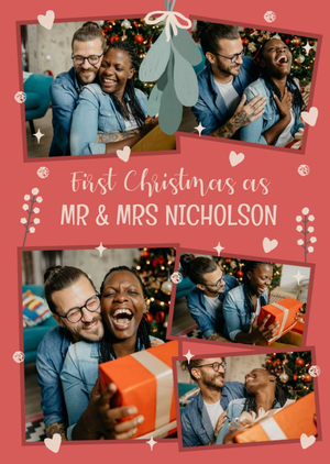 Five Photo Frames Surrounded By Hearts And Mistletoe First Christmas Photo Upload Card
