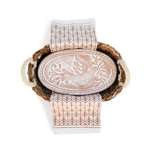 Bread Warmer & Basket Gift Set With Light Brown Tea Towel - Bird Oval