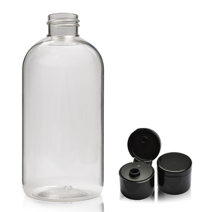 250ml Clear PET Boston Bottle With 24mm Flip Top Cap - Smooth Black