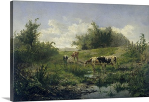 Cows at a Pond, by Gerard Bilders, 1856-58, Dutch painting, oil on panel