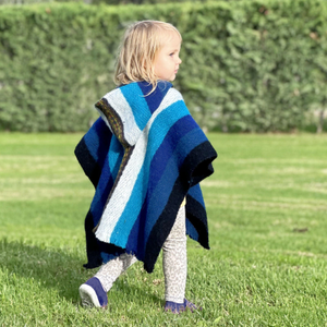 Wuachapa – Llama Wool Hooded Poncho – Adult & Kids Sizes – Turquoise Stripes