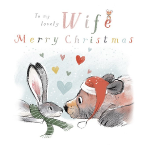 Moonpig Illustration Of A Cute Bear And A Hare With Colourful Typography To My Lovely Wife Christmas Card
