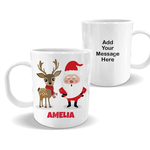 Santa & Reindeer White Plastic Mug