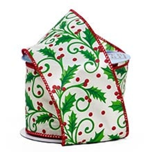 Pinecones & Berries Christmas Wired Ribbons, Holly Leaves & Berries Satin, Multi, Roll 1 - 2-1/2" X 10 Yards, - Embellishments & Trims