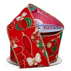 Clear Christmas Ornaments On Wired Ribbon, Ornaments On Red, Roll 1 - 2-1/2" X 10YD, - Embellishments & Trims by Paper Mart