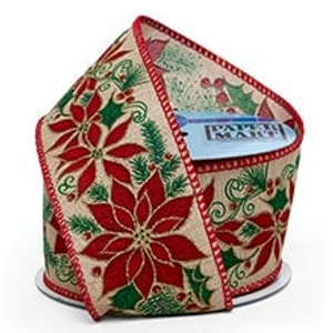 Christmas Poinsettias & Berries On Wired Ribbon, Poinsettia & Holly, Red, Roll 1 - 2-1/2" X 10YD, - Embellishments & Trims by Paper Mart