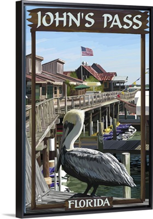 John's Pass, Florida - Pelican and Dock: Retro Travel Poster