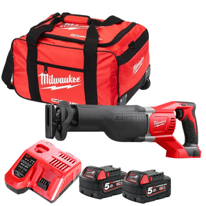 Milwaukee M18BSX Recip. Saw + 2 x M18B5, Charger & Bag