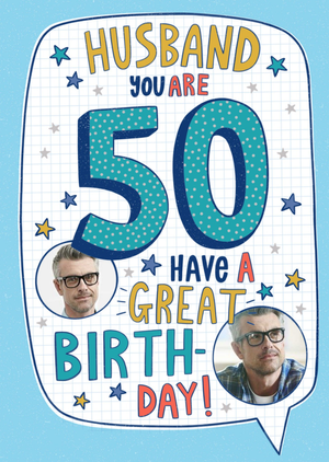 Fun And Colourful Typography With Two Circular Photo Upload's Husband's Fiftieth Birthday Card