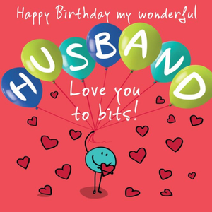 Moonpig Illustration Of A Cute Character Holding Balloons Husband's Birthday Card