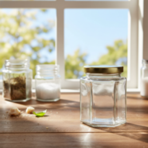 9 oz Clear Glass Hexagon Jars (Gold Metal Lug Cap) - 8022B47