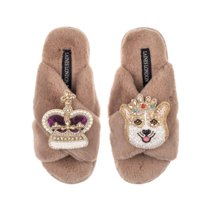 Classic Laines Slippers With Artisan Sandy The Corgi & Royal Crown Brooches - Toffee (L)