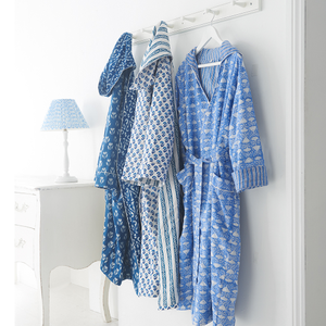 Block Printed Hooded Robe Blue Matka L/XL