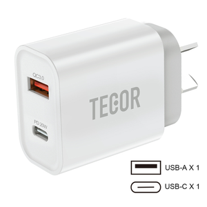 20W Dual Port USB Fast Charger USB-C & USB-A Power Adapter PD QC 3.0 Wall Charger Tecor (1-Pack)