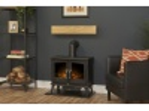 Adam Oak Beam, Hearth & Stove Pipe with Woodhouse Stove in Black