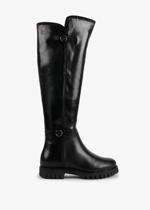 Sictor Black Leather Double Buckle Over The Knee Boots