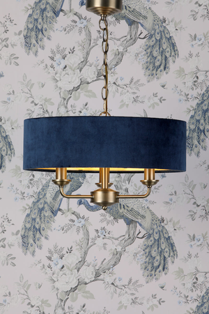 Laura Ashley Sorrento 3lt Pendant, Antique Brass & Blue Velvet