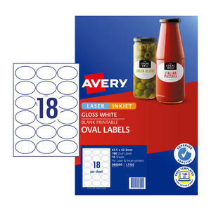 Avery #980000 White Glossy Laser Inkjet Oval Labels 18UP 63.5 x 42.3mm - L7102 (180 Labels/10 Sheets)