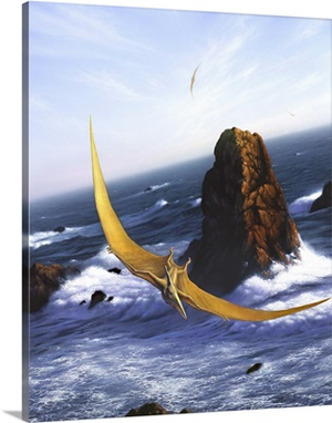 A Pteranodon soars above the ocean and rocks