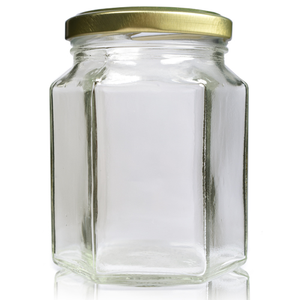 290ml Hexagonal Clear Glass Jar With Lid - Gold