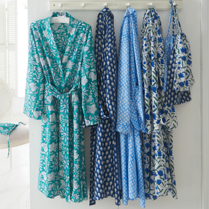 Hand Blocked Kimono Sky Blue & White